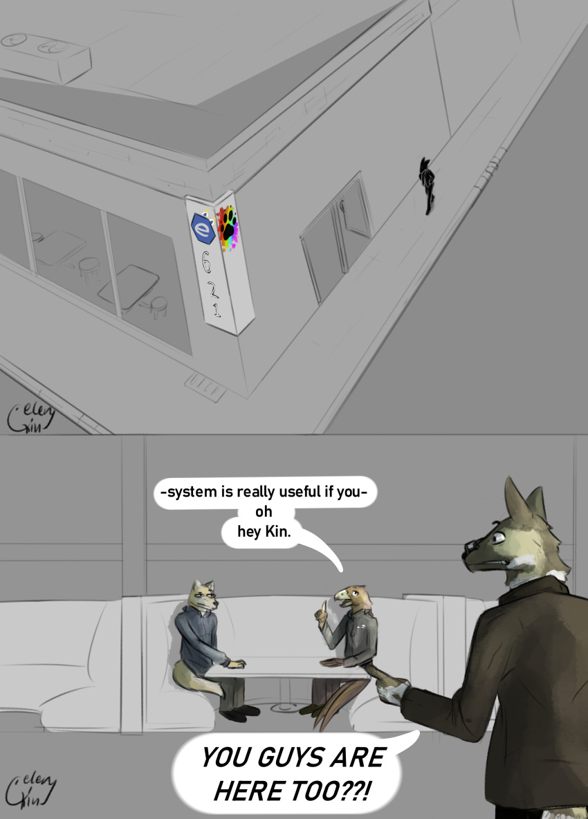 absurd_res accipitrid accipitriform african_wild_dog anthro avian bar bird buteo canid canine canis celery_kin chickenhawk dialogue domestic_dog door drain e621 furaffinity furniture hi_res humor logo male mammal red-tailed_hawk road shiba_inu shocked shocked_expression sidewalk simple_background sitting sketch speech_bubble spitz table walking