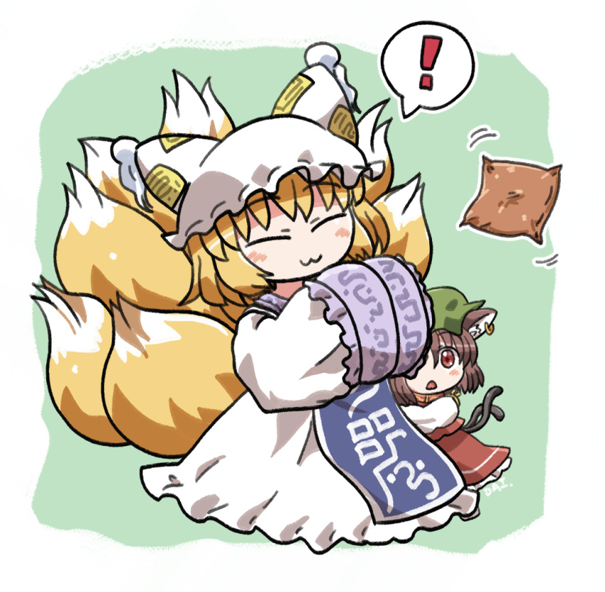 2girls aburaage animal_ears blonde_hair blush brown_hair cat_ears cat_tail chen closed_eyes closed_mouth dress earrings food fox_ears fox_tail green_headwear hands_in_opposite_sleeves hat jewelry long_sleeves mob_cap motion_lines multiple_girls multiple_tails open_mouth red_eyes red_skirt red_vest rokugou_daisuke short_hair signature single_earring skirt sleeves_past_fingers sleeves_past_wrists smile tabard tail touhou two_tails vest white_dress white_headwear wide_sleeves yakumo_ran