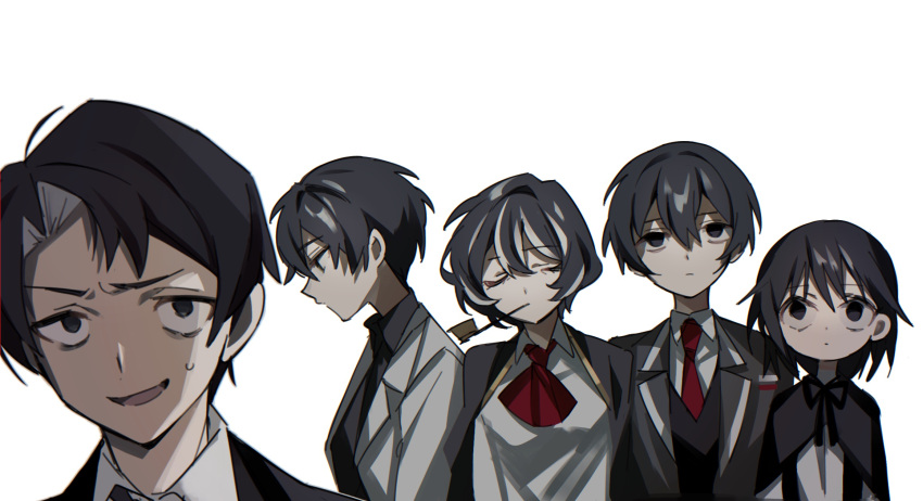 1girl 1other 3boys ayin_(project_moon) black_capelet black_eyes black_hair black_shirt capelet catt_(wonder_lab) closed_eyes closed_mouth coat e.g.o_(project_moon) expressionless highres library_of_ruina limbus_company lobotomy_corporation moses_(the_distortion_detective) mu46016419 multicolored_hair multiple_boys open_mouth project_moon roland_(library_of_ruina) shirt simple_background streaked_hair the_distortion_detective trait_connection white_background white_coat white_shirt wonderlab yi_sang_(limbus_company)