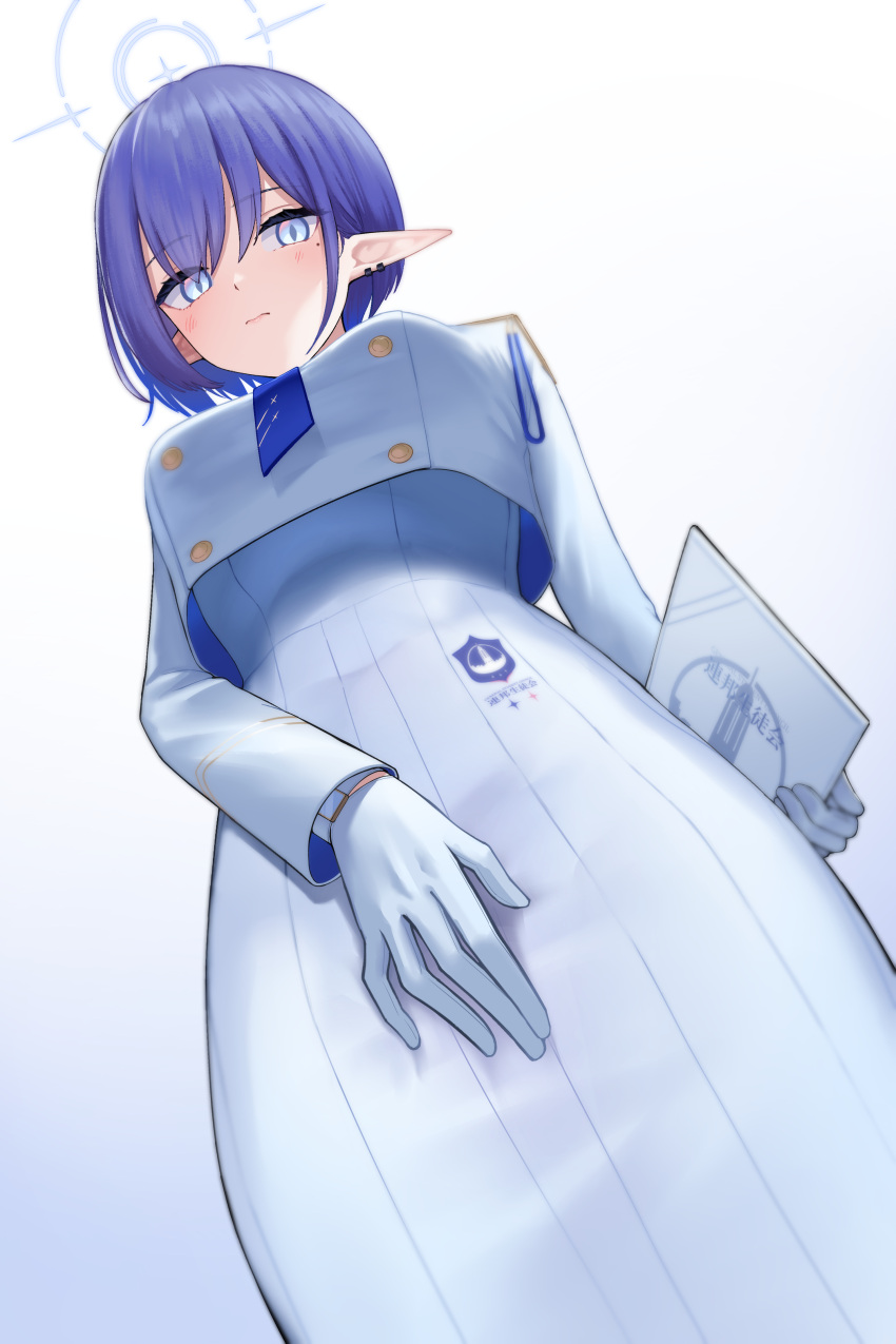1girl absurdres aoi_(blue_archive) bangs blue_archive blue_eyes blue_hair blush breasts closed_mouth cropped_jacket dress ear_piercing from_below gloves hair_between_eyes halo highres holding jacket long_sleeves looking_at_viewer mole mole_under_eye onuj2$ piercing pointy_ears short_hair simple_background solo white_dress white_gloves white_jacket