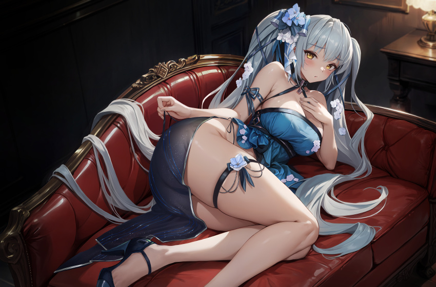 1girl absurdres ass bare_shoulders blue_dress blush breasts brown_eyes cleavage couch dot_nose dress flower goddess_of_victory:_nikke hair_flower hair_ornament high_heels highres indoors knees_together_feet_apart large_breasts long_hair looking_at_viewer lying official_alternate_costume on_side privaty_(banquet_princess)_(nikke) ribbon sleeveless sleeveless_dress solo thigh_strap thighs twintails very_long_hair yuen