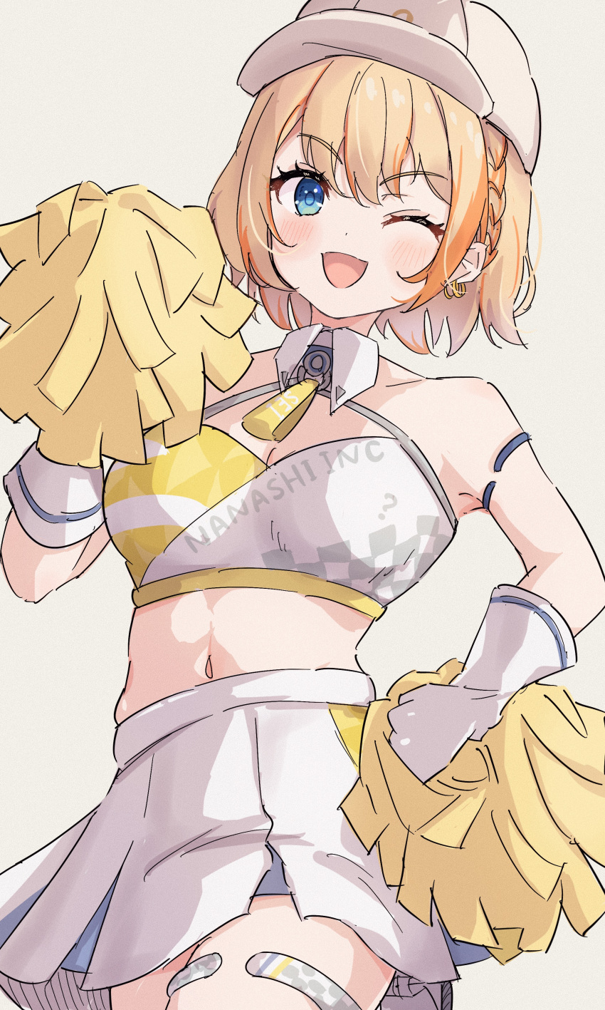 1girl :d absurdres blue_archive blue_eyes blush breasts cheerleader cleavage commentary cosplay cowboy_shot crop_top earrings gloves grey_background highres holding holding_pom_poms jewelry kotori_(blue_archive) kotori_(blue_archive)_(cosplay) kotori_(cheer_squad)_(blue_archive) light_brown_hair looking_at_viewer medium_breasts midriff millennium_cheerleader_outfit_(blue_archive) multicolored_hair multiple_earrings nanashi_inc. navel one_eye_closed open_mouth orange_hair pom_pom_(cheerleading) shishishi short_hair simple_background skirt smile solo touri_sei two-tone_hair virtual_youtuber white_gloves white_skirt