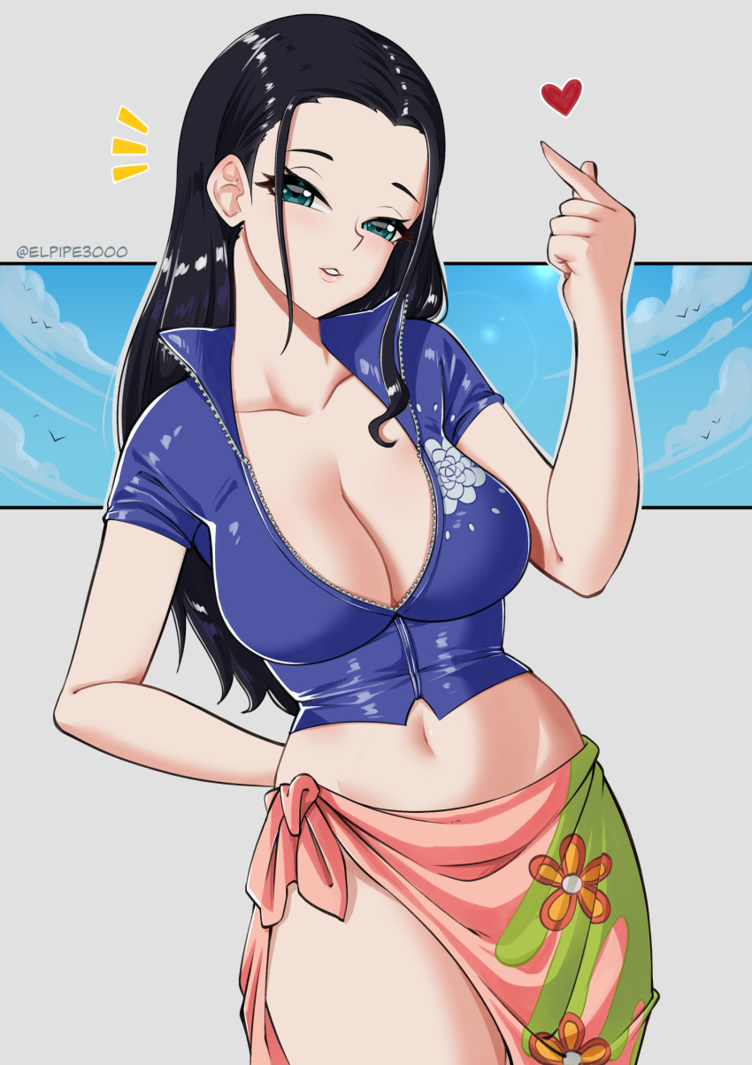 1girl aqua_eyes arm_behind_back black_hair blue_vest breasts cleavage collarbone cowboy_shot cropped_vest elpipe_3000 floral_print forehead hand_up heart highres large_breasts long_hair looking_at_viewer nico_robin notice_lines one_piece parted_lips partially_unzipped pink_sarong print_sarong sarong snapping_fingers solo vest zipper