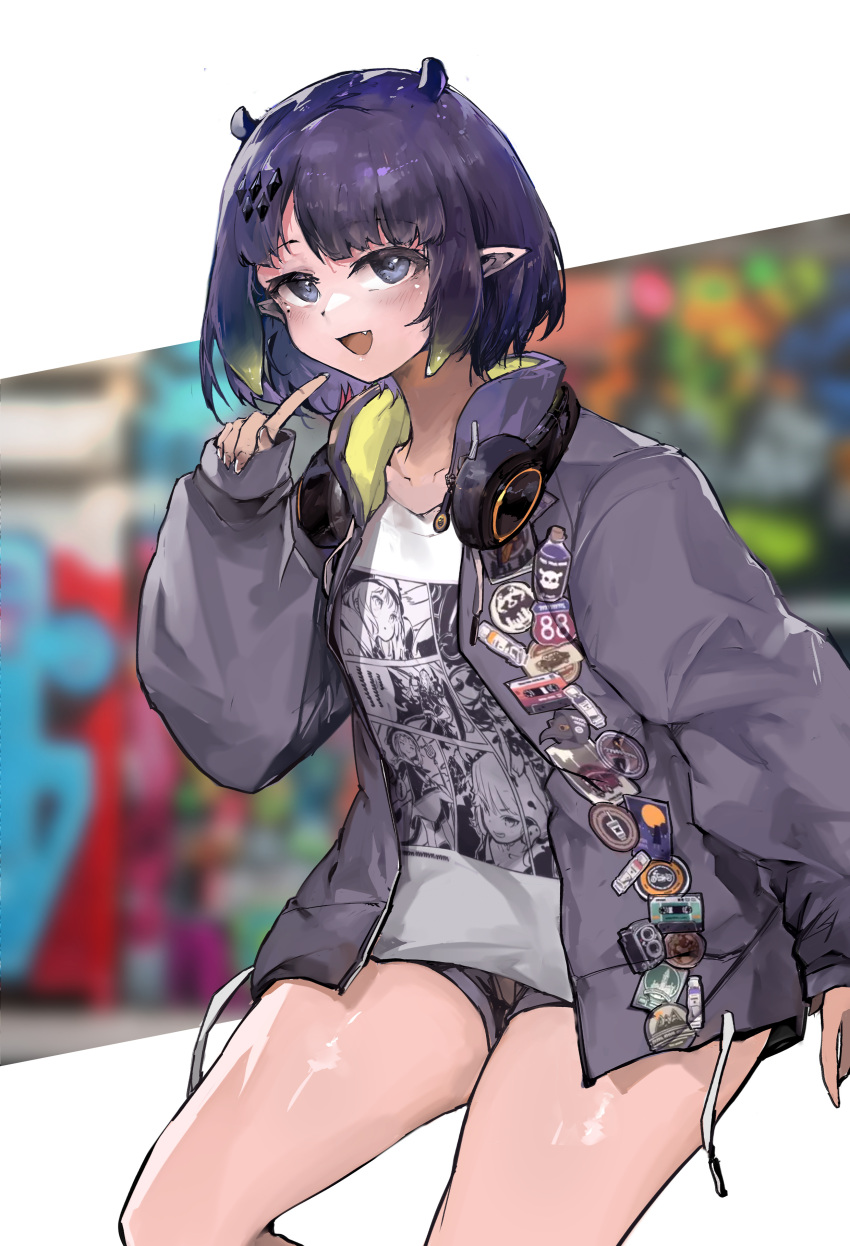 1girl absurdres black_shorts casual fang headphones headphones_around_neck highres hololive hololive_english hood hoodie mole mole_under_eye ninomae_ina'nis ninomae_ina'nis_(5th_costume) open_mouth parted_bangs pointing pointing_at_self pointy_ears purple_eyes purple_hair purple_hood purple_hoodie shirt short_hair short_shorts shorts smile solo swept_bangs tentacle_hair virtual_youtuber vyragami white_shirt