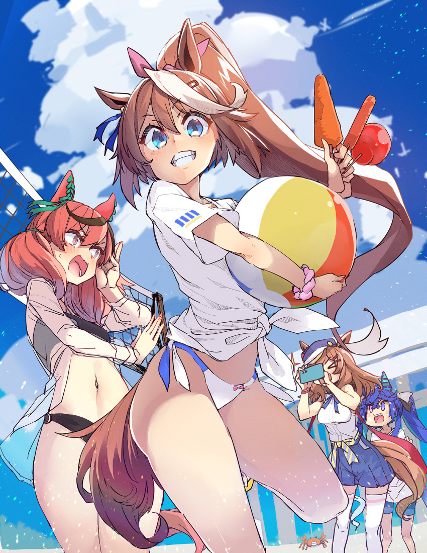 &gt;_&lt; 0_0 4girls alternate_costume animal_ears ball beachball bikini black_bikini black_bow blue_eyes blue_hair blue_ribbon bow brown_eyes brown_hair cabbie_hat candy_apple carrot cellphone cloud commentary_request contrail crab ear_covers ear_ribbon ears_through_headwear food from_below green_ribbon grin hair_between_eyes hair_bow hair_ornament hairclip hat heterochromia hidori_(hibi_toridori) high_ponytail highres holding holding_ball holding_beachball holding_food holding_phone horse_ears horse_girl horse_tail long_hair matikane_tannhauser_(umamusume) medium_hair multicolored_hair multiple_girls multiple_hair_bows neck_ribbon nice_nature_(umamusume) open_mouth outdoors phone pink_bow purple_eyes purple_headwear ribbon sharp_teeth shirt sidelocks sky sleeveless sleeveless_shirt smartphone smile streaked_hair summer sweatdrop swimsuit tail taking_picture teeth thighhighs tied_shirt tokai_teio_(umamusume) twin_turbo_(umamusume) twintails two-tone_hair umamusume upper_teeth_only very_long_hair volleyball_net white_bikini white_bow white_hair white_shirt white_thighhighs