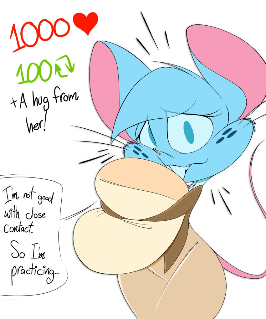 &lt;3 + 2023 anthro biped black_text blue_body blue_eyes blue_fur blue_hair bottomwear buckteeth clothed clothing colored dialogue digital_drawing_(artwork) digital_media_(artwork) ellipsis english_text eye_through_hair eyelashes female freckles fur green_text hair heart_after_text hi_res hugging_object looking_at_viewer mammal mia_mouse mouse mouse_tail murid murine number open_mouth outline_speech_bubble pillow pillow_hug pink_inner_ear red_heart red_text retweet rodent silentjack simple_background solo speech_bubble standing tail talking_to_viewer teeth text topwear translucent translucent_hair whiskers white_background