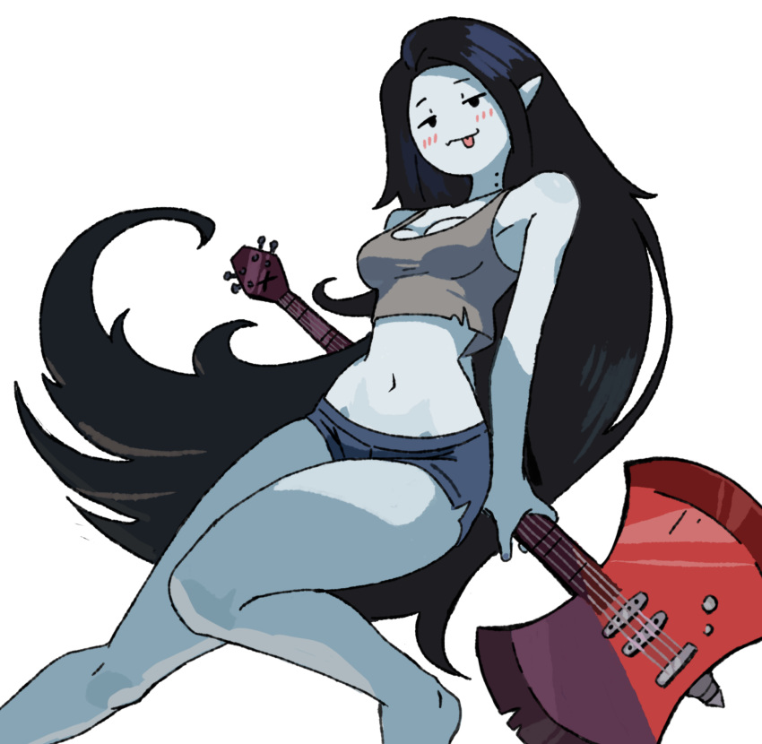 2023 adventure_time bite_mark bite_mark_on_neck black_hair blush bottomwear breasts cartoon_network clothed clothing female grey_body grey_skin guitar hair half-closed_eyes hi_res humanoid humanoid_pointy_ears long_hair marceline_abadeer midriff musical_instrument narrowed_eyes navel not_furry plucked_string_instrument shirt shorts simple_background smile solo string_instrument tank_top tongue tongue_out topwear wersman white_background