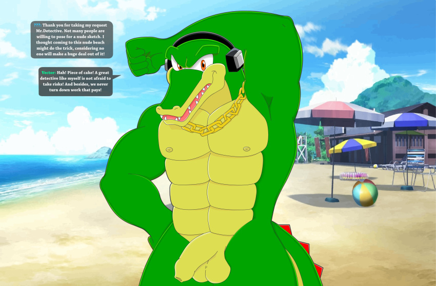 abs absurd_res anthro beach collar collar_only crocodile crocodilian crocodylid exhibitionism flaccid flashing genitals hi_res male meteorsmash muscular muscular_anthro muscular_male nude penis reptile scalie seaside sega solo sonic_the_hedgehog_(series) speech_bubble vector_the_crocodile