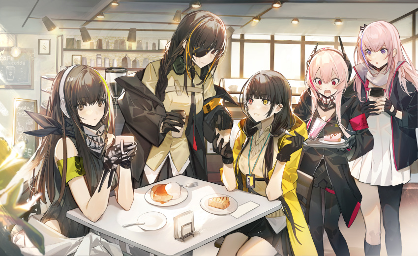 5girls :o absurdres asymmetrical_legwear black_coat black_gloves black_hair black_neckerchief black_pantyhose black_shirt black_skirt black_socks brown_eyes cafe cake cake_slice character_request coat coffee_cup cup disposable_cup dress eyepatch food fork girls'_frontline gloves highres holding holding_cup holding_tray indoors lanyard long_hair looking_at_another menu_board multiple_girls neckerchief off_shoulder official_art official_wallpaper one_eye_covered open_mouth pantyhose pink_hair plate red_armband red_eyes shirt single_leg_pantyhose single_sock sitting skirt sleeveless sleeveless_shirt smile socks spoon standing sweater_vest table tray uneven_legwear white_dress yellow_coat yellow_eyes yellow_shirt yellow_sweater_vest
