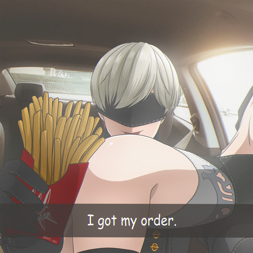 1boy 1girl black_blindfold black_gloves blindfold car_interior gloves grey_hair grey_leotard he_wants_to_order_(meme) highleg highleg_leotard highres leotard meme nier:automata nier_(series) shirl_geem short_hair yorha_no._2_type_b yorha_no._9_type_s