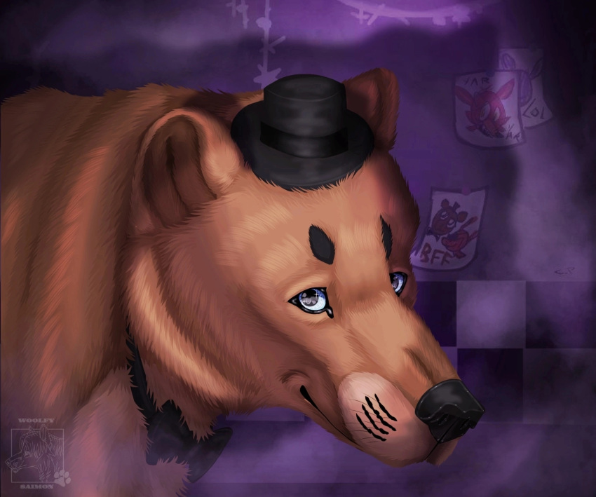 bear bow_tie brown_inner_ear_fluff clothing feral five_nights_at_freddy's freddy_(fnaf) grey_eyes hat headgear headwear hi_res inner_ear_fluff inside male mammal purple_background scottgames shadow simple_background solo standing top_hat tuft whiskers woolfy_saimon