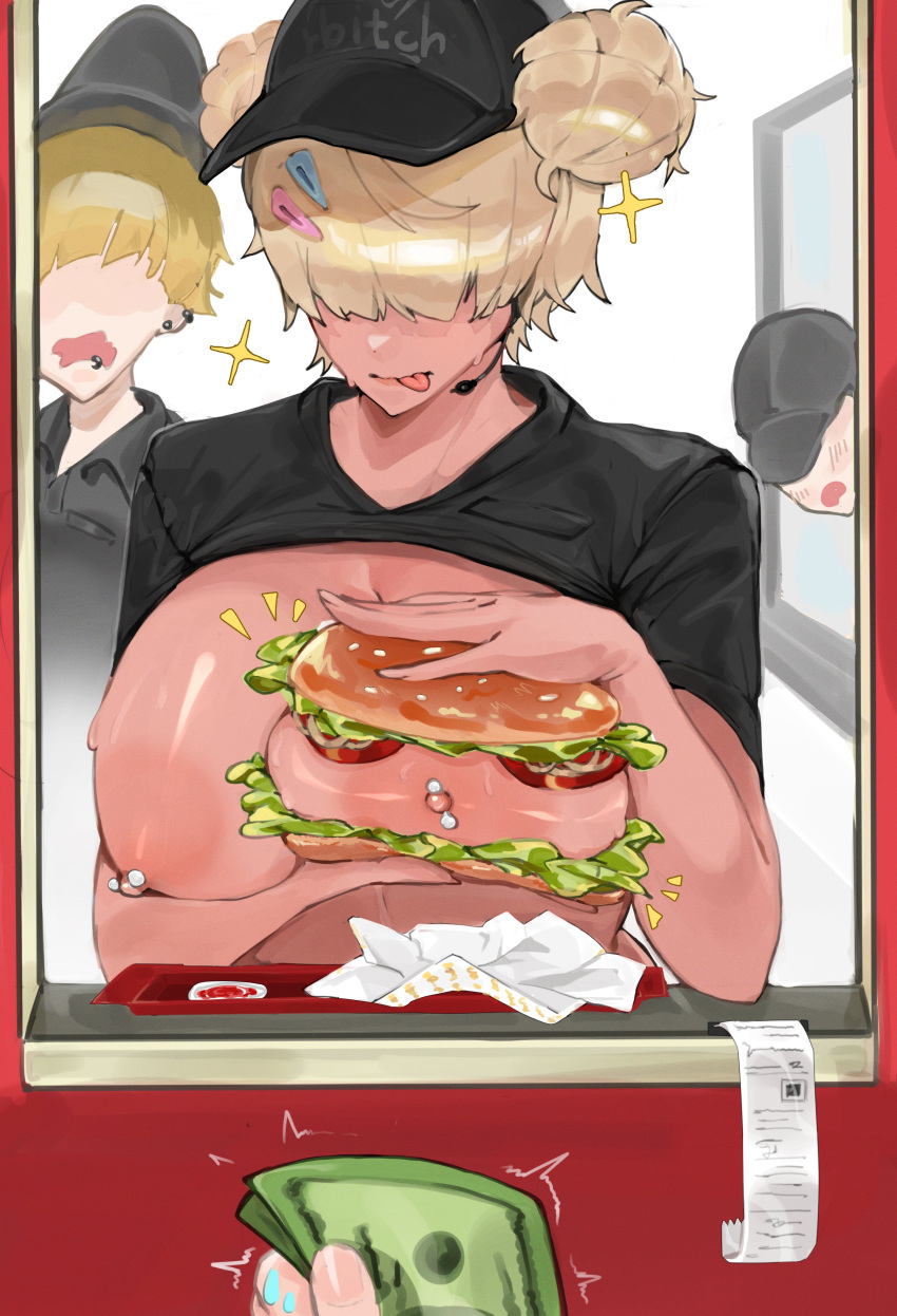 2girls 2others :p absurdres banknote baseball_cap black_shirt blonde_hair blunt_bangs bread_bun breast_lift breasts breasts_out clothes_lift commentary covered_eyes dark-skinned_female dark_skin double_bun ear_piercing employee_uniform english_commentary facing_viewer fast_food_uniform food food_on_body food_on_breasts gyaru hair_bun hair_ornament hair_over_eyes hairclip hat headset highres holding holding_money huge_breasts large_areolae lettuce lip_piercing meme memixz money motion_lines multiple_girls multiple_others nipple_piercing nipples no_eyes notice_lines original piercing pov pov_hands profanity receipt restaurant sandwich shirt shirt_lift short_hair short_sleeves solo_focus star_(symbol) sweat tinka_(unluckytobii) tomato tomato_slice tongue tongue_out uniform upper_body you're_doing_it_wrong your_order_is_ready_(meme)