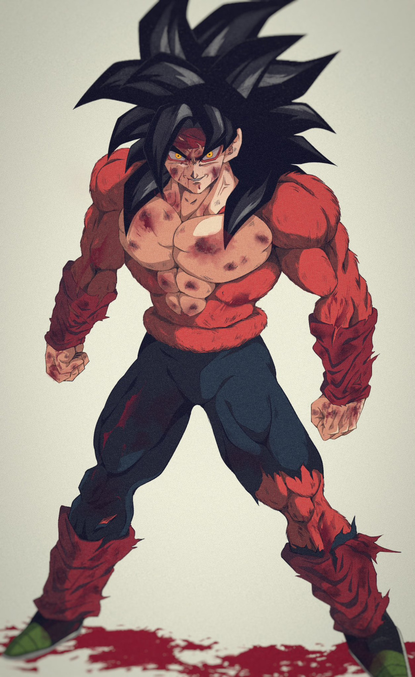 1boy armor bardock biceps black_hair bleeding blood blood_on_clothes blood_on_face body_fur broken_armor bruise bruise_on_face bure_(fantasticyouth7) cuts dirty dragon_ball dragon_ball_gt dragon_ball_z headband highres injury long_hair looking_at_viewer male_focus monkey_boy monkey_tail muscular muscular_male no_nipples pants pectorals red_fur saiyan saiyan_armor scar scar_on_cheek scar_on_face scratches simple_background smile solo spiked_hair super_saiyan super_saiyan_4 tail torn_clothes wristband