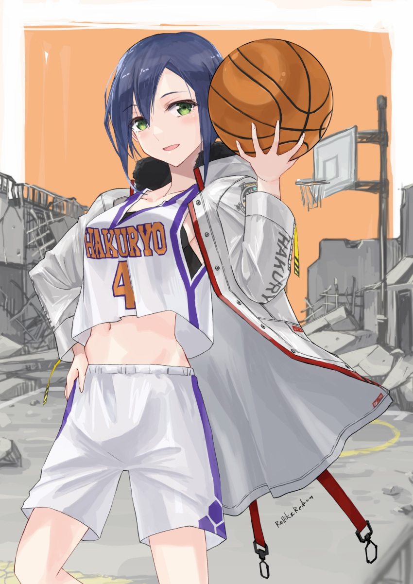 1girl ball basketball basketball_(object) basketball_uniform black_bra blue_hair blush bra breasts collarbone green_eyes highres holding holding_ball jun_(rellik_&amp;_redrum) kashiwagi_haruko looking_at_viewer medium_breasts medium_hair midriff muv-luv muv-luv:_dimensions muv-luv_alternative navel open_mouth skirt smile sportswear underwear white_skirt