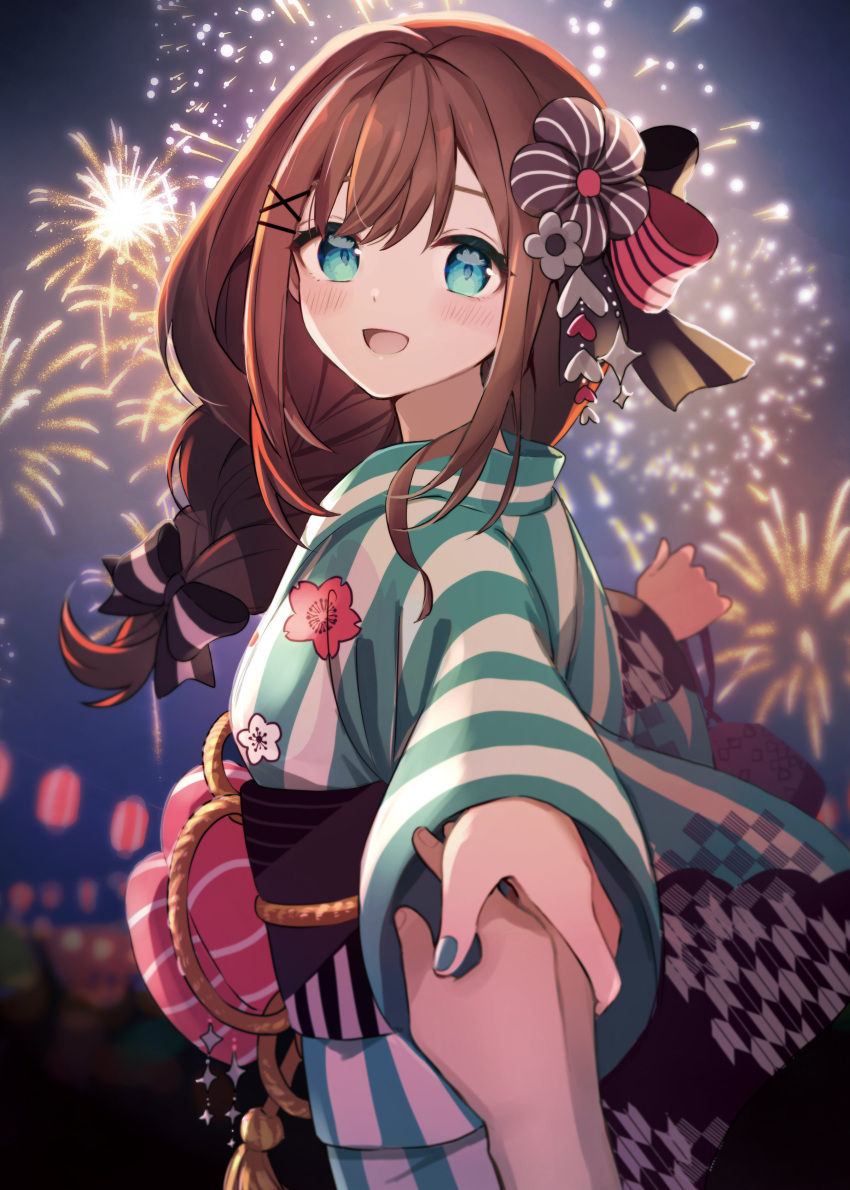 1girl absurdres aerial_fireworks alternate_costume aqua_eyes aqua_kimono aqua_nails black_bow black_flower blue_kimono blue_nails blush bow braid brown_hair festival fireworks floating_hair floral_print flower foreshortening from_side hair_bow hair_flower hair_ornament hands_up highres hitsuji_hiko_(mareep15) holding holding_hands japanese_clothes kimono kinchaku lantern long_hair long_sleeves looking_at_viewer nail_polish night nijisanji obi obi_bow official_alternate_costume open_mouth outdoors outstretched_arm paper_lantern pink_bow pink_flower pouch pov pov_hands raised_eyebrows sash sidelocks smile striped striped_bow striped_kimono summer_festival suzuhara_lulu suzuhara_lulu_(2nd_costume) two-tone_bow virtual_youtuber white_flower wide_sleeves x_hair_ornament yukata