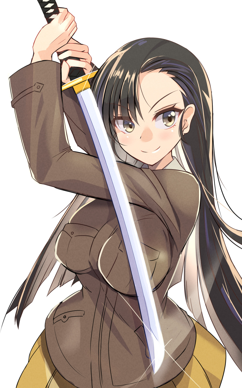 1girl absurdres asymmetrical_bangs black_eyes black_hair blaze_(blazeillust) brown_jacket chi-hatan_military_uniform closed_mouth commentary cowboy_shot fighting_stance girls_und_panzer highres holding holding_sword holding_weapon jacket katana long_hair long_sleeves looking_at_viewer military military_uniform miniskirt nishi_kinuyo pleated_skirt simple_background skirt smile solo sparkle standing straight_hair sword uniform weapon white_background yellow_skirt