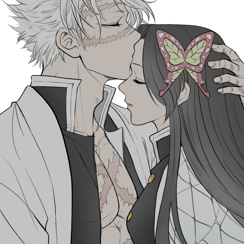 1boy 1girl black_hair breasts butterfly_hair_ornament closed_eyes closed_mouth couple demon_slayer_uniform facing_another flat_color from_side grey_hair hair_ornament hand_on_another's_head haori hetero highres jacket japanese_clothes kimetsu_no_yaiba kiss kissing_forehead kochou_kanae long_hair long_sleeves pectorals profile sainn1129 scar scar_on_chest scar_on_face scar_on_forehead scar_on_hand scar_on_nose shinazugawa_sanemi short_hair simple_background upper_body white_background white_jacket