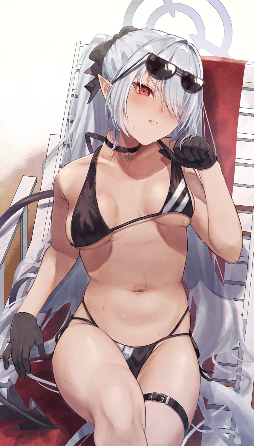 1girl absurdres bikini black_bikini black_bow black_choker black_gloves blue_archive bow breasts choker eyewear_on_head gloves grey_hair hair_bow hair_over_one_eye halo highres iori_(blue_archive) iori_(swimsuit)_(blue_archive) long_hair looking_at_viewer medium_breasts official_alternate_costume pointy_ears purple_halo red_eyes sitting sunglasses sweat swimsuit tail thigh_strap tomaton_(t_0) twintails