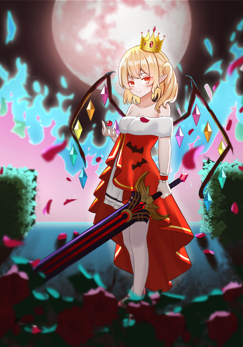 1girl absurdres alternate_costume animal_print bat_print blonde_hair closed_mouth commentary_request crown crystal dress flandre_scarlet full_body full_moon highres holding holding_sword holding_weapon linuslinus920423 looking_at_viewer moon one_side_up outdoors pointy_ears red_dress short_hair smile solo standing strapless strapless_dress sword touhou weapon wings