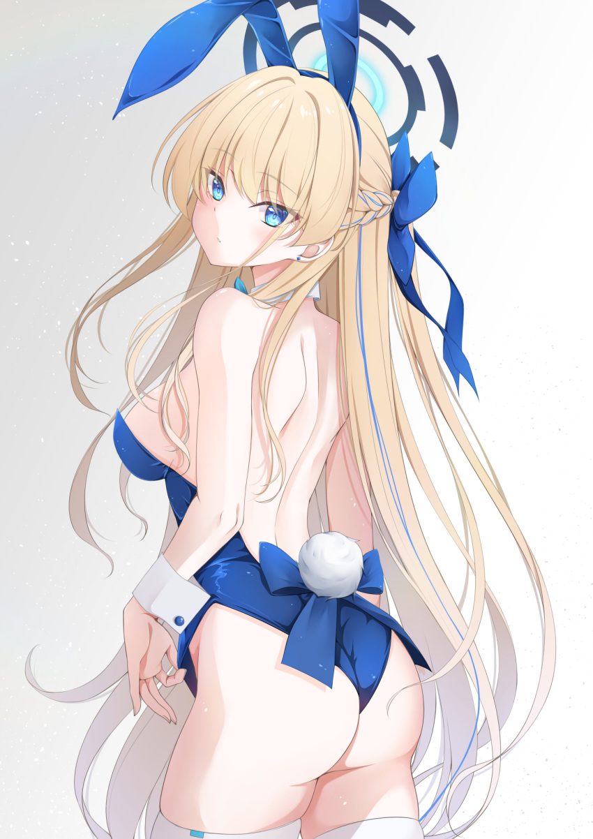 1girl animal_ears aqua_bow aqua_bowtie ass backless_outfit blonde_hair blue_archive blue_eyes blue_leotard blue_ribbon bow bowtie braid breasts commentary_request detached_collar ear_piercing fake_animal_ears fake_tail from_behind hair_ribbon halo highleg highleg_leotard highres leotard long_hair looking_back official_alternate_costume parted_lips piercing playboy_bunny rabbit_ears rabbit_tail ribbon sideboob simple_background solo strapless strapless_leotard tail thighhighs toki_(blue_archive) toki_(bunny)_(blue_archive) tomosuke very_long_hair white_thighhighs wrist_cuffs