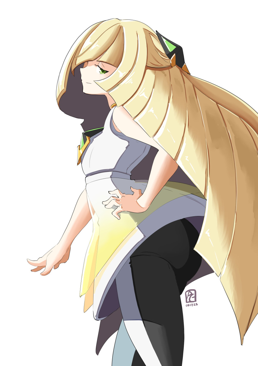 1girl ass automatic_giraffe bare_shoulders black_pants blonde_hair closed_mouth dress green_eyes hair_ornament hair_over_one_eye hand_on_own_hip highres long_hair lusamine_(pokemon) one_eye_covered pants pokemon pokemon_(game) pokemon_sm signature simple_background sleeveless sleeveless_dress smile solo very_long_hair white_background white_dress