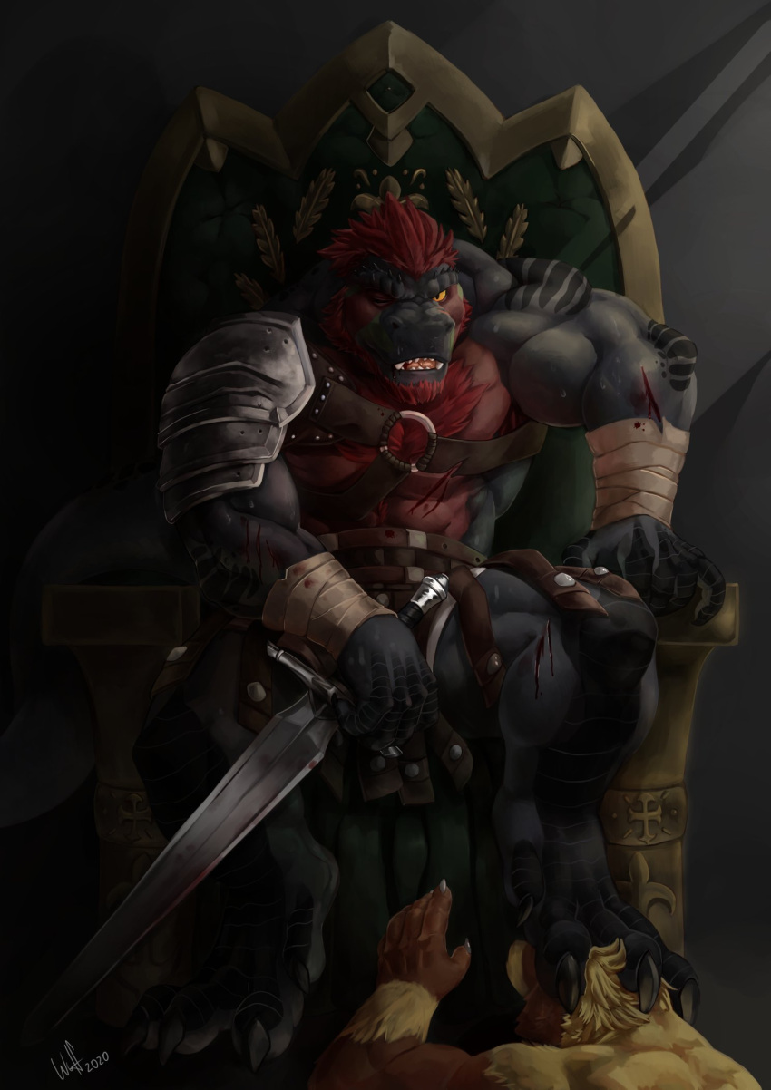 2020 3_toes abs anthro armor biceps black_body black_scales blood blood_from_wound blood_on_sword bodily_fluids breechcloth brown_body brown_fur chair chest_tuft claws cut_on_arm cut_on_chest cut_on_leg dark_room dated deltoids dinosaur duo eyebrows facial_scales feet felid feline foot_on_head fur furniture green_body green_scales hair harness hi_res holding_object holding_sword holding_weapon male mammal melee_weapon multicolored_body multicolored_fur multicolored_scales muscular muscular_anthro muscular_male obliques on_chair one_eye_closed open_mouth pauldron pecs red_body red_hair red_scales reptile scale_eyebrows scales scalie signature sitting sword tagg theropod throne toe_claws toes tuft two_tone_body two_tone_fur tyrannosaurid tyrannosaurus tyrannosaurus_rex weapon wounded wraps wrist_wraps wufrick yellow_body yellow_fur yellow_sclera