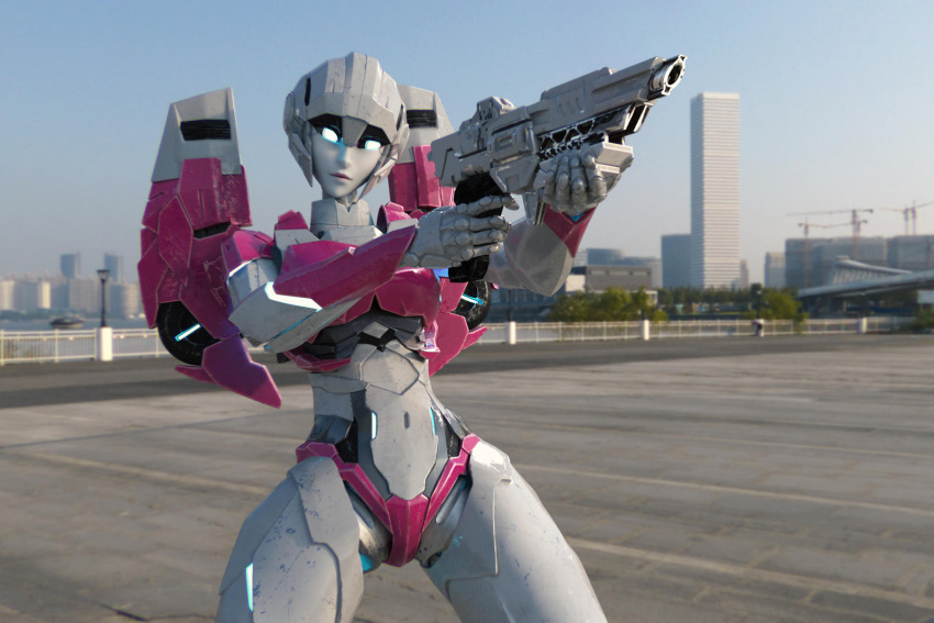 1girl 3d arcee autobot backpack bag blender_(medium) blue_eyes breasts colored_skin gun handgun highres humanoid_robot jpl-animation mecha mecha_musume medium_breasts metal_skin panties pink_panties robot robot_girl solo transformers underwear weapon white_skin