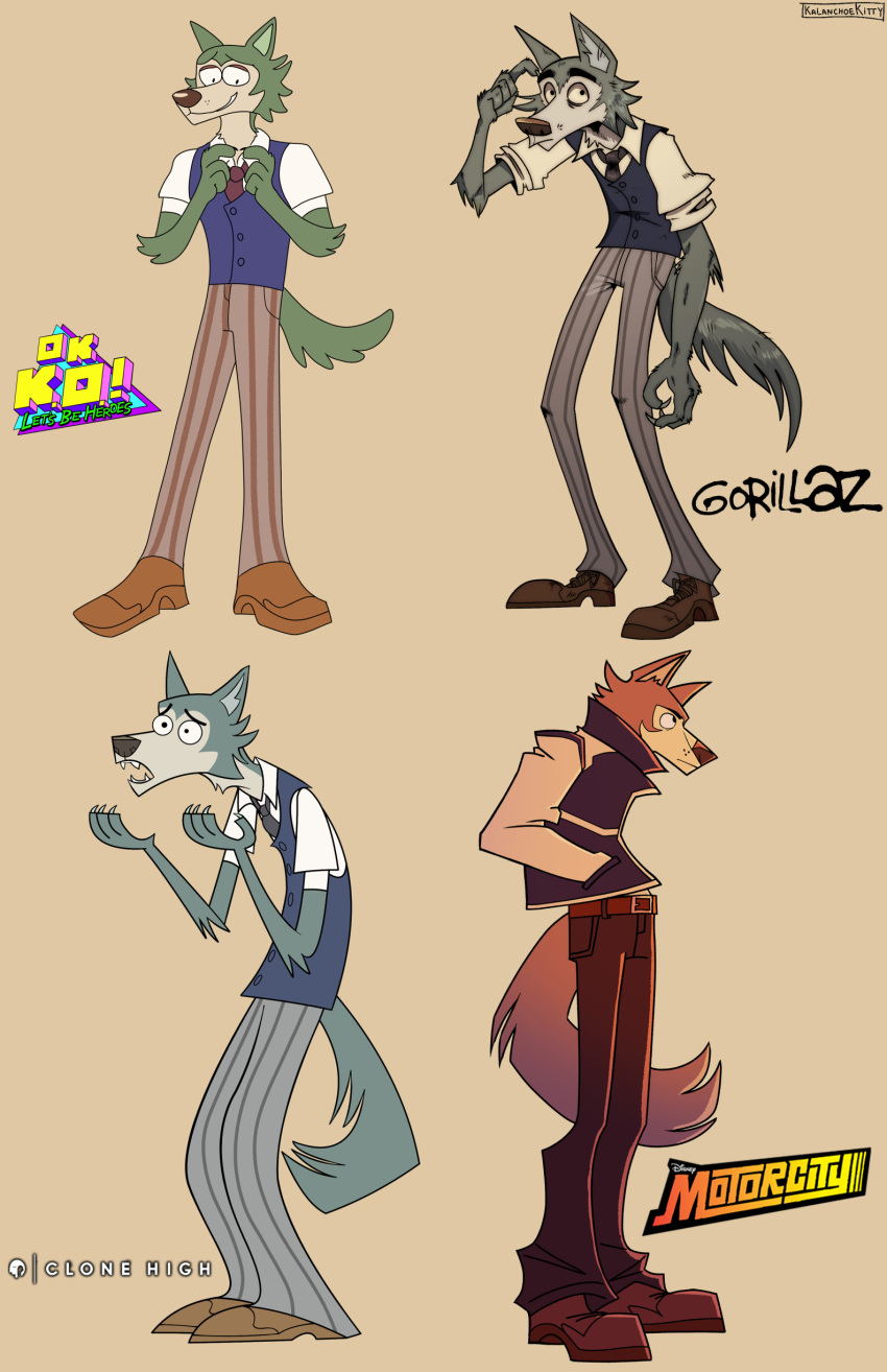 2020 absurd_res anthro beastars belt bottomwear canid canine canis cartoon_network cheek_tuft clawed_fingers claws clone_high clothed clothing denim denim_clothing dress_shirt eyebrows facial_tuft fangs finger_claws footwear fully_clothed fur gorillaz green_body green_fur grey_body grey_fur hand_in_pocket hi_res humanoid_hands jacket jeans legoshi_(beastars) male mammal motorcity necktie ok_k.o.!_let's_be_heroes open_mouth pants pockets prick_ears rainiechi rolled_up_sleeves shirt shoes simple_background smile snout solo standing style_parody tail tan_background teeth toony topwear tuft vest wolf
