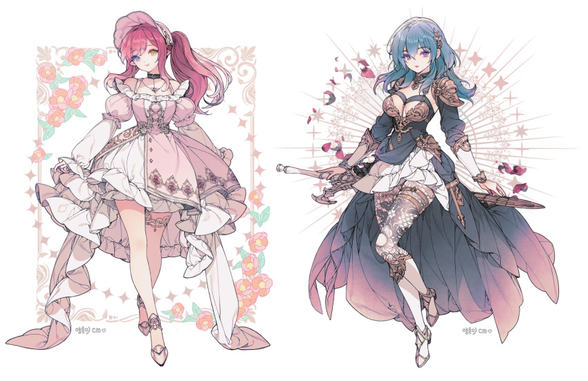 2girls arm_guards armor bare_shoulders black_choker black_dress black_sleeves blue_eyes blue_hair bonnet breasts breasts_apart byleth_(fire_emblem) choker closed_mouth dress fire_emblem fire_emblem:_three_houses flower framed hair_between_eyes hair_ornament heterochromia high_heels high_ponytail holding holding_sword holding_weapon large_breasts layered_dress lemon89h long_bangs long_hair looking_at_viewer multiple_girls off-shoulder_dress off_shoulder original pantyhose pink_dress pink_hair pink_headwear pointy_ears red_flower red_lips shoulder_armor shrug_(clothing) sidelocks signature simple_background skirt_hold swept_bangs sword thigh_strao thighlet weapon weapon_behind_back white_background white_dress white_pantyhose yellow_eyes