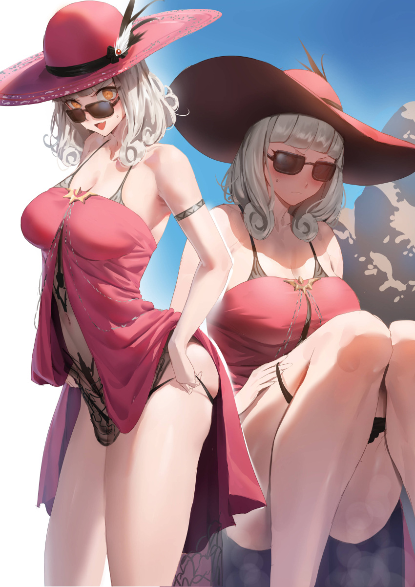 1girl absurdres armlet bare_shoulders black_panties bracelet breasts carmilla_(fate) carmilla_(swimsuit_rider)_(fate) carmilla_(swimsuit_rider)_(first_ascension)_(fate) cleavage collarbone curly_hair dress fate/grand_order fate_(series) hat highres jewelry large_breasts looking_at_viewer looking_over_eyewear medium_hair multiple_views open_mouth panties panty_pull pink_dress pink_headwear rororo sitting smile sun_hat sunglasses thighs underwear white_hair yellow_eyes