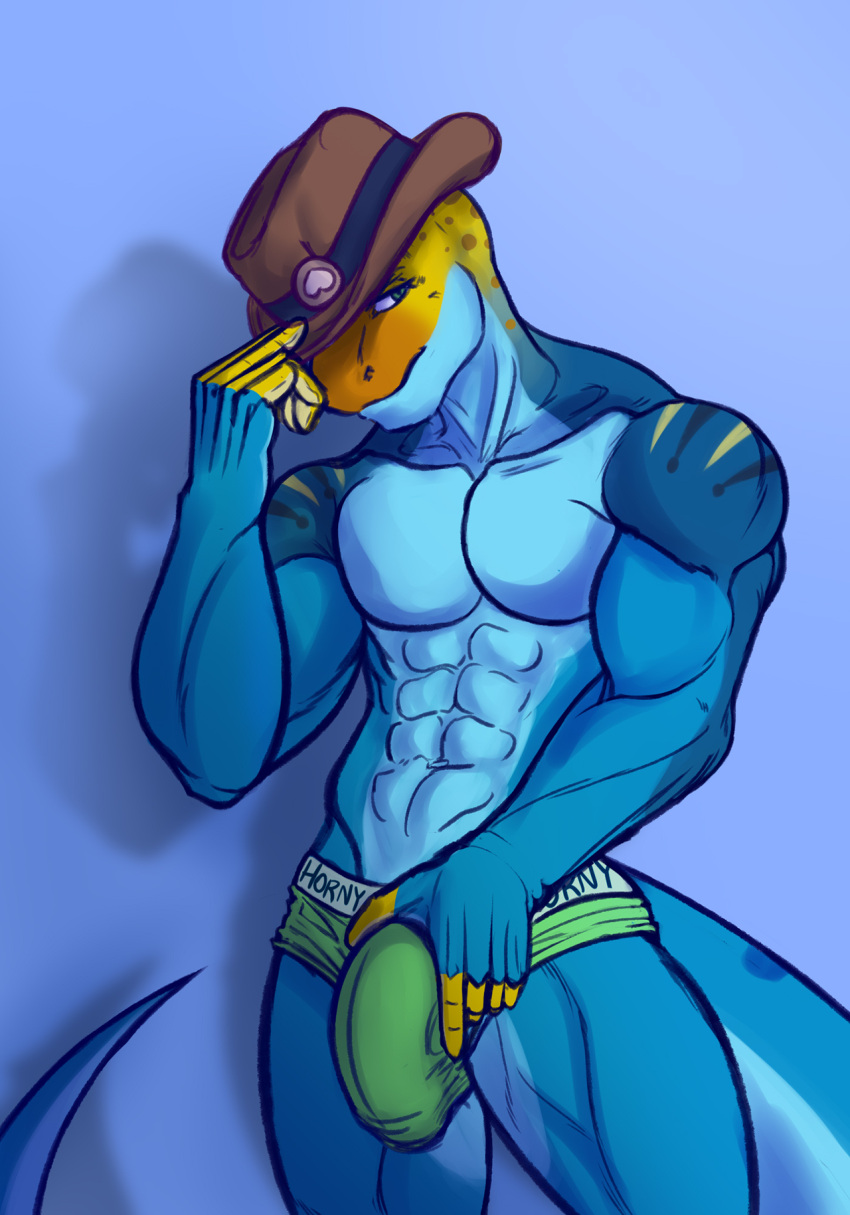 &lt;3 2022 5_fingers abs anthro bedroom_eyes biceps big_bulge blue_background blue_body blue_scales briefs brown_clothing brown_hat brown_headwear bulge clothed clothing collared_lizard colored_sketch common_collared_lizard cowboy_hat detailed_bulge digital_drawing_(artwork) digital_media_(artwork) english_text fingers genital_outline green_briefs green_clothing green_eyes green_underwear hand_on_bulge hat haydenskull headgear headwear heart_accessory hi_res holding_clothing holding_hat holding_headgear holding_headwear holding_object lizard looking_at_viewer male monotone_briefs monotone_clothing monotone_underwear monroe_lehner muscular muscular_anthro muscular_male muscular_thighs narrowed_eyes one_eye_obstructed orange_body orange_scales pecs penis_outline pink_heart pinup pose presenting presenting_bulge reptile scales scalie seductive shaded shadow simple_background sketch soft_shading solo spots spotted_body spotted_scales striped_body striped_scales stripes text topless topless_anthro topless_male underwear yellow_body yellow_scales