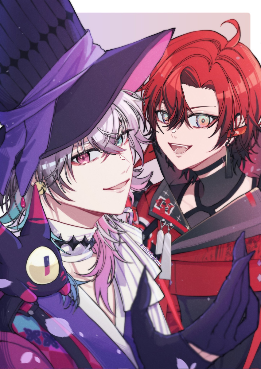 2boys ahoge bell black_bodysuit black_gloves black_hair black_headwear blue_eyes bodysuit earrings gavis_bettel gloves gradient_hair grey_hair hair_between_eyes hat heterochromia highres holostars holostars_english jacket jewelry jingle_bell looking_at_viewer machina_x_flayon multicolored_hair multiple_boys open_mouth phantom_(gavis_bettel) purple_eyes purple_hair purple_shirt red_hair red_jacket shirt smile top_hat twitter_username virtual_youtuber xiao_xiao_nii