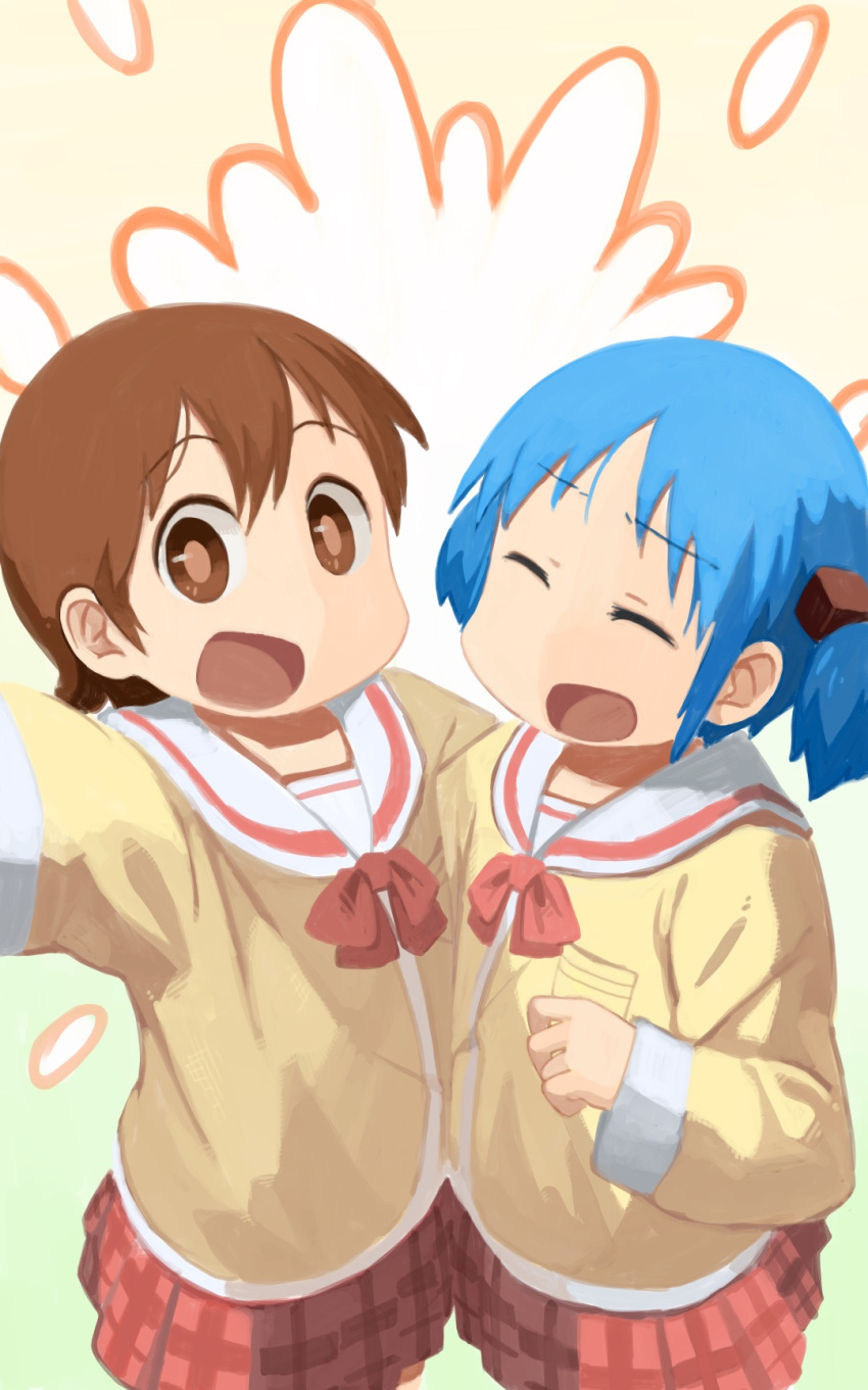 2girls aioi_yuuko blue_hair brown_eyes brown_hair closed_eyes happy highres hug multiple_girls naganohara_mio nichijou nishimura_(prism_engine) open_mouth school_uniform skirt tokisadame_school_uniform