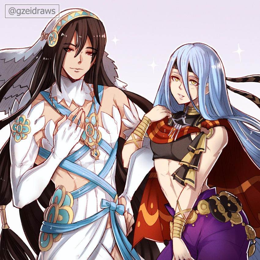 1boy 1girl azura_(fire_emblem) azura_(fire_emblem)_(cosplay) bare_arms bare_shoulders black_hair black_shirt blue_hair bracelet commentary cosplay costume_switch crop_top crossdressing dress fingerless_gloves fire_emblem fire_emblem_engage fire_emblem_fates gloves gzei hair_between_eyes headband highres jewelry long_hair looking_at_viewer midriff pants purple_background purple_pants red_eyes seadall_(fire_emblem) seadall_(fire_emblem)_(cosplay) shirt sleeveless sleeveless_shirt smile sparkle stomach veil very_long_hair white_dress white_gloves