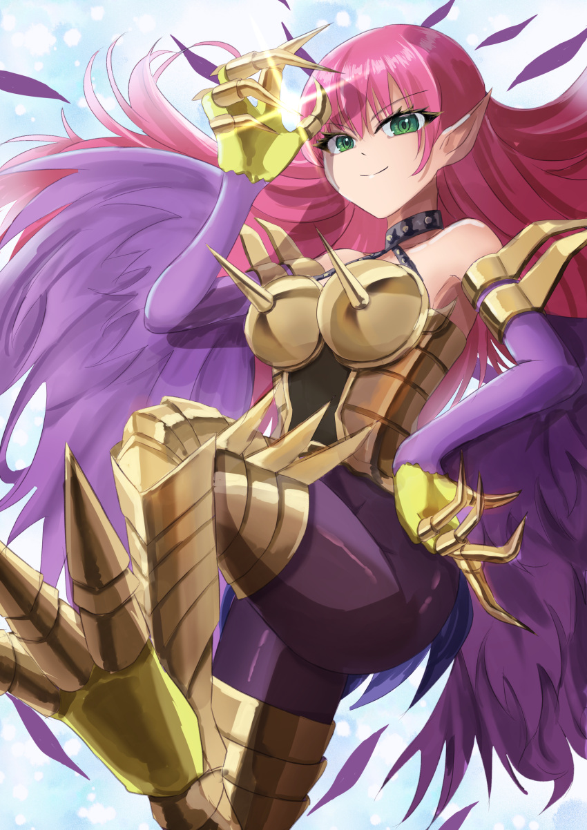 1girl absurdres armor bare_shoulders boobplate breasts claws cyber_slash_harpie_lady duel_monster feathered_wings feathers green_eyes hair_between_eyes harpie_lady harpy highres large_breasts long_hair looking_at_viewer misakura_aoi monster_girl pink_hair pointy_ears purple_feathers purple_wings simple_background solo spiked_armor talons white_background winged_arms wings yu-gi-oh!