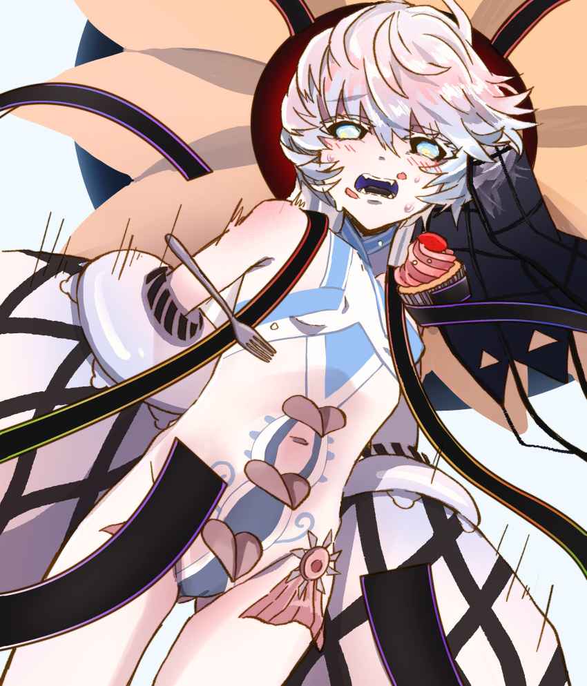 1girl absurdres black_ribbon black_sclera cameltoe clothing_cutout colored_sclera colored_tongue dress fangs fate/grand_order fate_(series) flower_ornament headgear highres long_sleeves looking_at_viewer motion_lines navel navel_cutout open_mouth puffy_long_sleeves puffy_sleeves ribbon see-through shimogamo_(shimomo_12) simple_background solo sweatdrop teeth van_gogh_(fate) van_gogh_(third_ascension)_(fate) white_background white_dress white_eyes white_hair