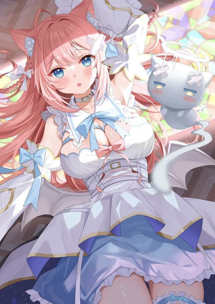 1girl absurdres ahoge animal_ear_fluff animal_ears arm_up blue_bow blue_bowtie blue_eyes blush bow bowtie braid breasts bridal_garter cat cat_ears cat_girl cleavage collar commission detached_sleeves dress hair_bow hair_ornament halo highres indie_virtual_youtuber large_breasts long_hair lying on_back pink_bow pink_hair piyopoyo runco_(vtuber) sailor_collar skeb_commission virtual_youtuber white_bow white_collar white_dress white_sailor_collar x_hair_ornament