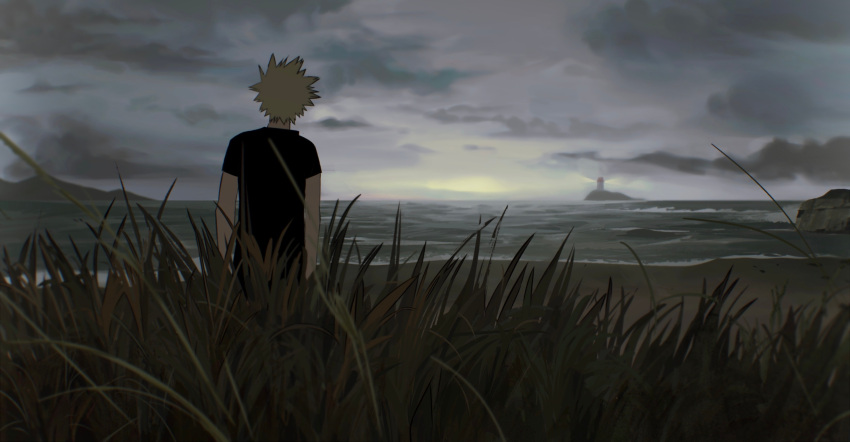 1boy absurdres arms_at_sides bakugou_katsuki beach black_shirt blonde_hair blurry boku_no_hero_academia chinese_commentary chromatic_aberration cloud cloudy_sky depth_of_field english_commentary from_behind grass grey_sky highres horizon island light lighthouse male_focus mixed-language_commentary ocean outdoors pao_jiao_yu_pao_jiao rock sand shirt shore short_hair short_sleeves sky solo spiked_hair standing t-shirt water waves wide_shot