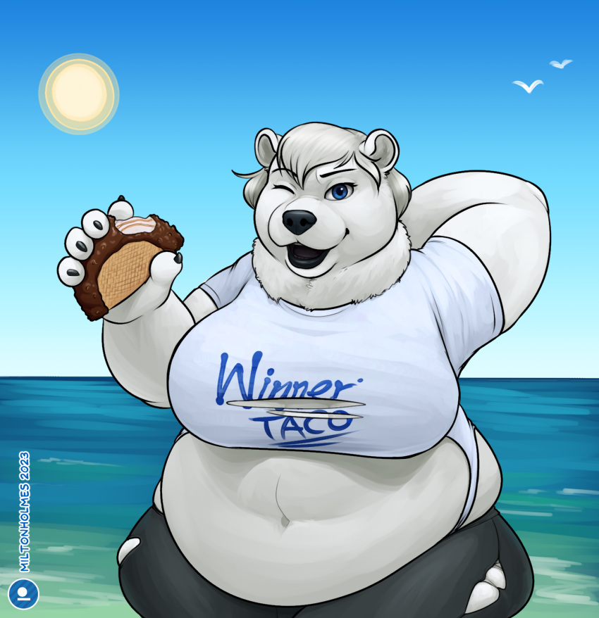 after_transformation anthro bear belly big_belly clothing dessert female food hi_res ice_cream mammal miltonholmes neck_tuft one_eye_closed overweight polar_bear solo torn_clothing transformation tuft ursine wink winner_taco