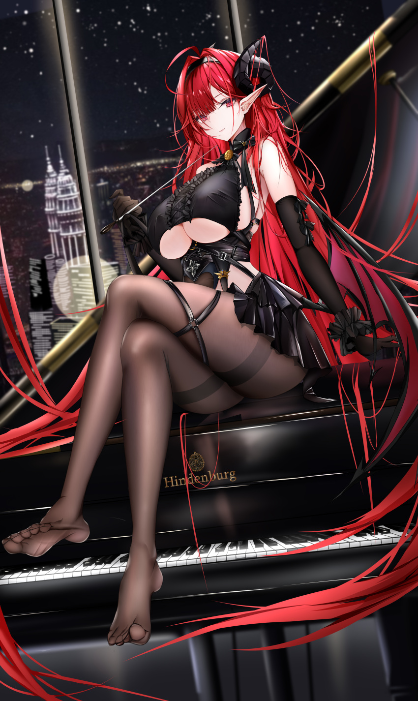 1girl absurdres ahoge azur_lane bare_shoulders black_gloves black_headband black_horns breasts center_cross_lace center_frills clothing_cutout curled_horns demon_girl demon_wings elbow_gloves feet frilled_gloves frills gloves grand_piano headband highres hindenburg_(azur_lane) horns instrument large_breasts legs long_hair looking_at_viewer no_shoes pantyhose piano pink_pupils pointy_ears red_hair sitting sitting_on_piano solo toes underboob underboob_cutout user_reuu8735 very_long_hair wings