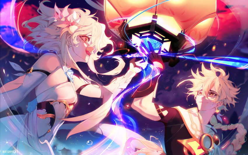 1boy 1girl aether_(genshin_impact) akishycat bare_shoulders black_gloves black_shirt blonde_hair braid braided_ponytail breasts brother_and_sister crop_top detached_sleeves dress earrings elbow_gloves fingerless_gloves flower genshin_impact gloves gold_trim hair_flower hair_ornament highres jewelry lantern lantern_festival lily_(flower) long_hair long_sleeves looking_at_another lumine_(genshin_impact) medium_breasts night night_sky open_mouth orange_eyes paper_lantern scarf shirt short_hair_with_long_locks siblings single_braid single_earring sky sky_lantern sleeveless sleeveless_dress smile tassel tassel_earrings white_dress white_flower white_scarf white_sleeves