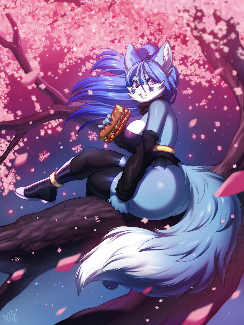 5_fingers absurd_res anthro blue_body blue_fur blue_hair breasts butt canid canine cherry_blossom cherry_tree claws dipstick_tail female fingers food fruit_tree fur hair hi_res holding_food holding_object holding_sandwich inner_ear_fluff mammal markings plant plna sandwich_(food) solo tail tail_markings tree tuft