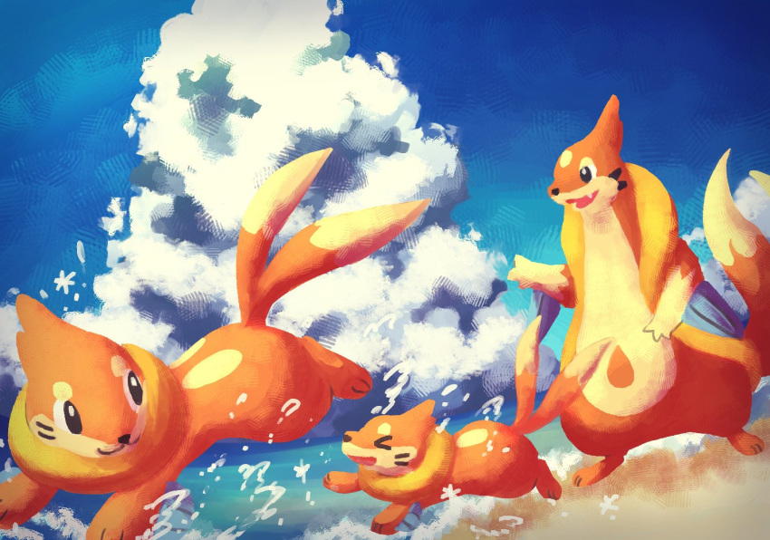 &gt;_&lt; 7_phi_3 beach blue_sky buizel cloud commentary_request floatzel forked_tail orange_fur pokemon pokemon_(creature) sky solid_oval_eyes splashing standing tail water