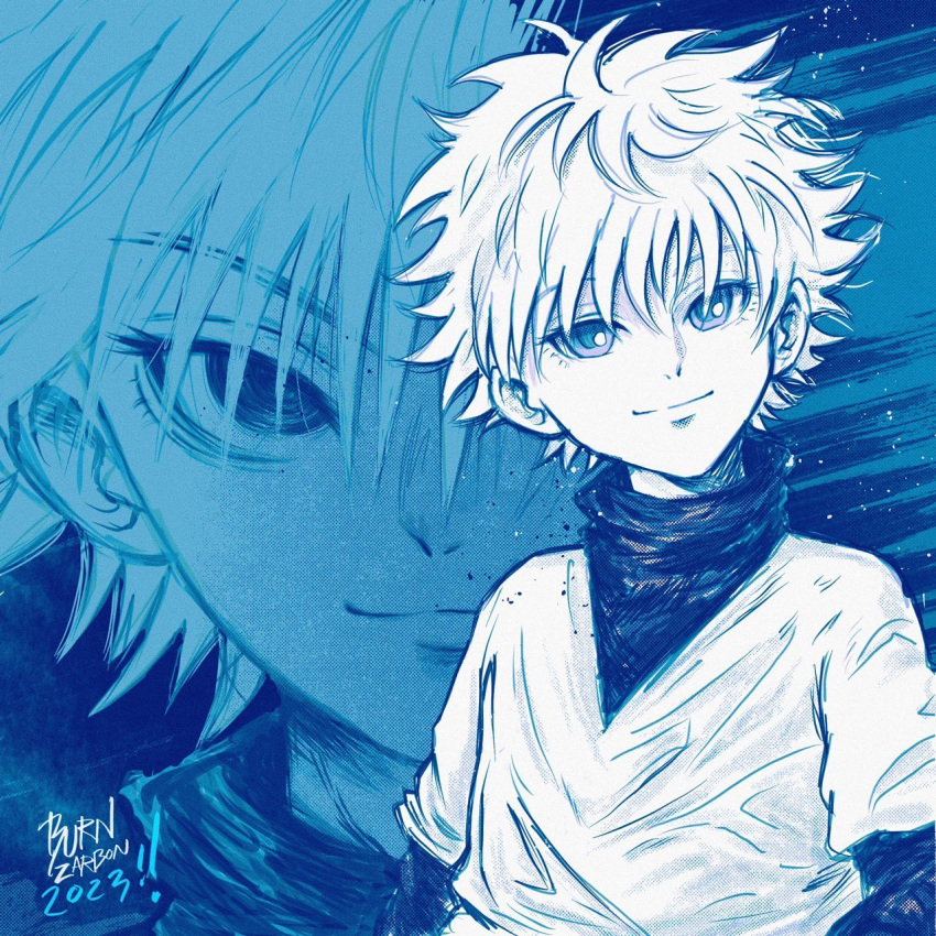 1boy artist_name blue_eyes burnzarbon dated highres hunter_x_hunter killua_zoldyck layered_sleeves long_sleeves looking_at_viewer male_child male_focus shirt short_hair short_over_long_sleeves short_sleeves smile solo upper_body white_hair white_shirt