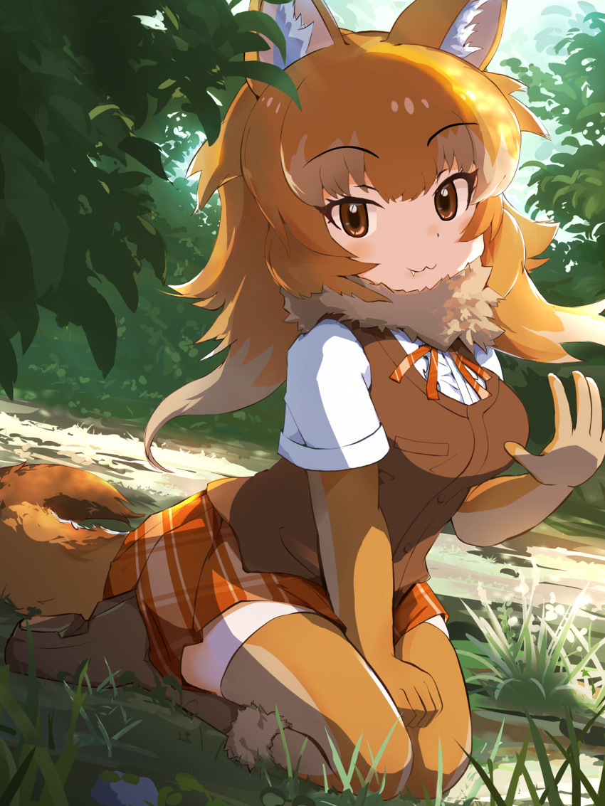 1girl :3 absurdres animal_ears blush brown_eyes brown_fur brown_gloves brown_skirt brown_thighhighs brown_vest dhole_(kemono_friends)_(old_design) dog_ears dog_girl dog_tail elbow_gloves fur_collar gloves highres kemono_friends koutsuu_(koutuukanseikan) looking_at_viewer plaid plaid_skirt pleated_skirt seiza shirt short_sleeves sitting skirt solo t-shirt tail thighhighs vest waving white_shirt zettai_ryouiki