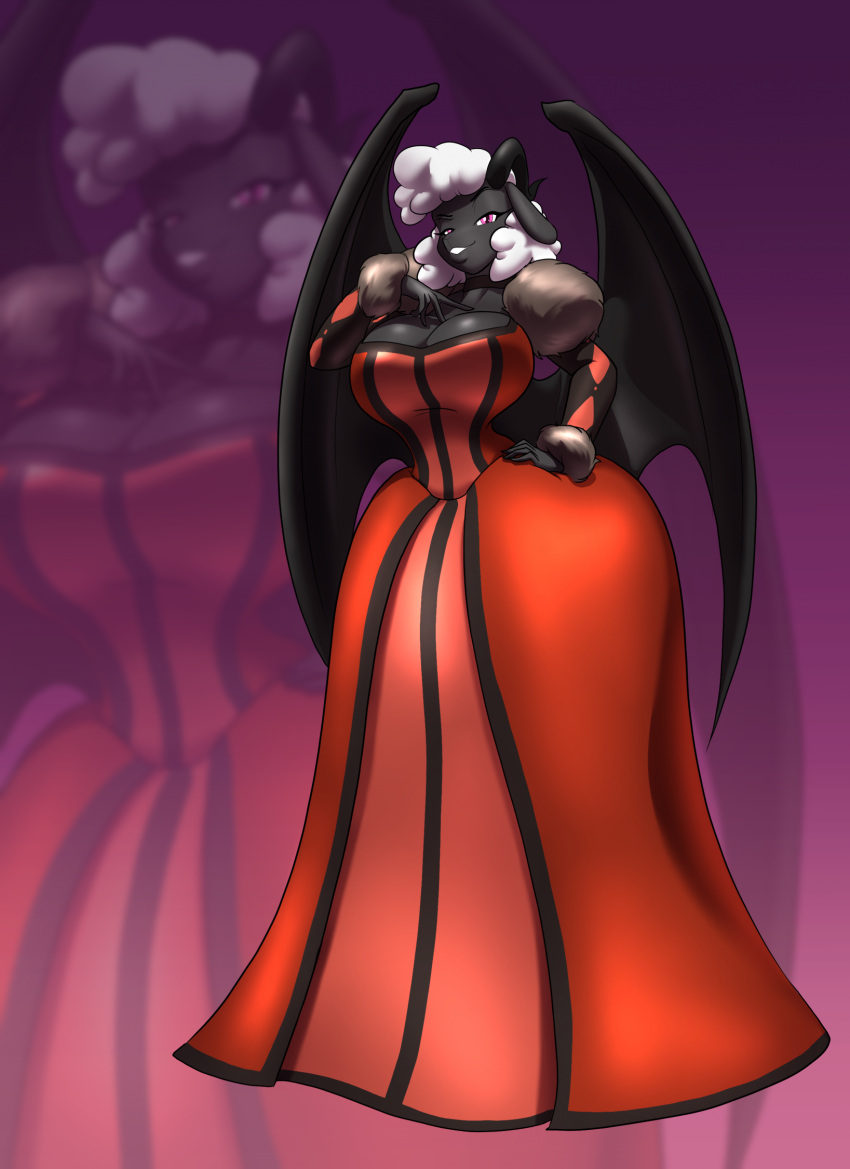 big_breasts bovid breasts caprine cleavage clothed clothing cosplay demon dress female hand_on_hip hi_res looking_at_viewer mammal membrane_(anatomy) membranous_wings pink_eyes sheep smile toughset wings