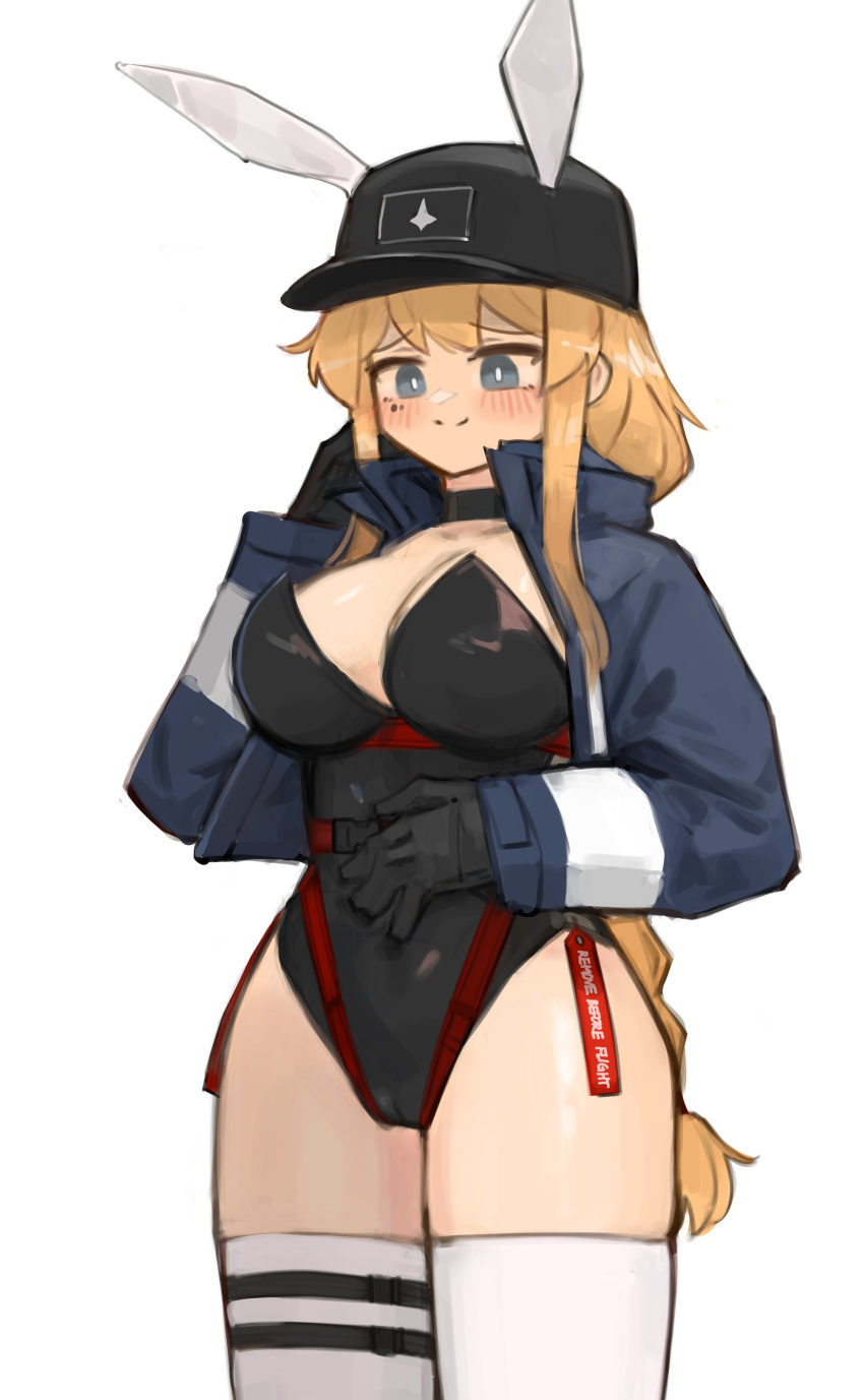 1girl absurdres animal_ears black_choker black_gloves blonde_hair blue_eyes blush braid braided_ponytail breasts cameltoe choker cleavage gloves hand_on_own_stomach hat highres indie_virtual_youtuber jacket long_hair looking_at_viewer open_clothes open_jacket rabbit_ears smile thighhighs very_long_hair virtual_youtuber whiskey_project white_background xerbatt