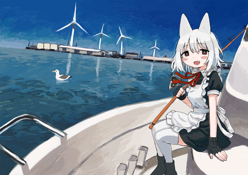 1girl afloat animal_ears apron arm_support bird black_dress black_footwear black_gloves blue_sky blush_stickers boat boots bright_pupils building cat_ears cat_girl collared_dress commentary_request day dress dutch_angle fang fingerless_gloves fishing_rod frilled_apron frills from_side gloves highres holding holding_fishing_rod looking_at_viewer looking_to_the_side maid maid_apron neck_ribbon ocean open_mouth original outdoors over_shoulder puffy_short_sleeves puffy_sleeves red_eyes red_ribbon reflection reflective_water ribbon scenery seagull short_hair short_sleeves sitting sky smile solo tareme thighhighs watercraft white_hair white_pupils white_thighhighs wind_turbine zinbei