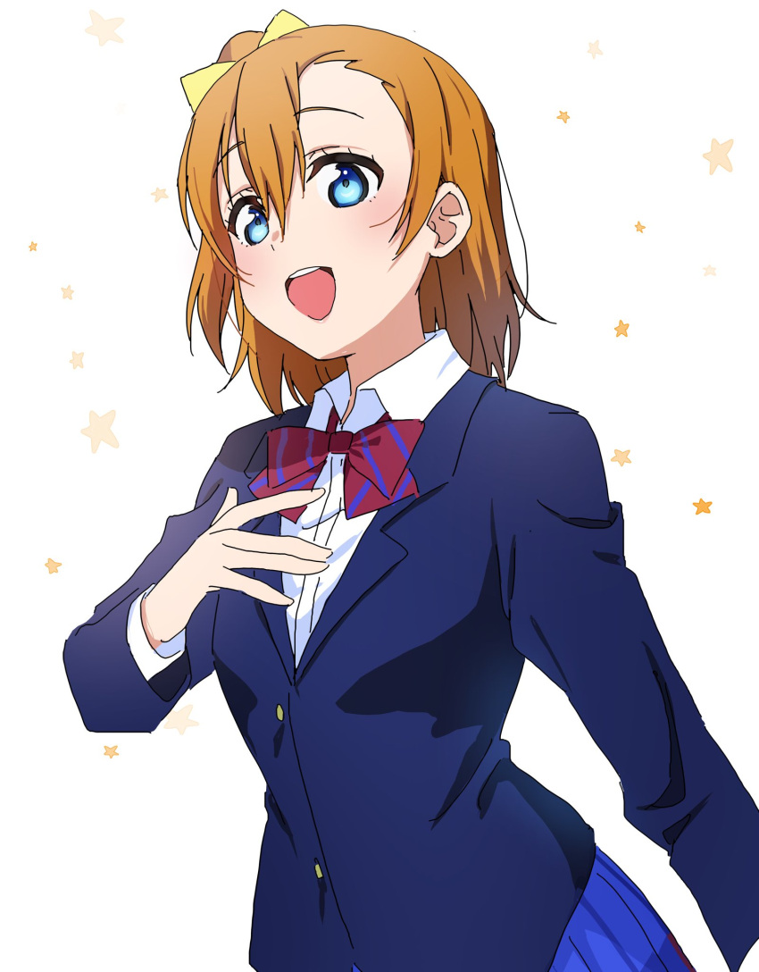 1girl blazer blue_eyes blue_jacket blue_skirt bow bowtie breasts collared_shirt hair_between_eyes highres jacket kousaka_honoka light_blush long_sleeves love_live! love_live!_school_idol_project medium_breasts medium_hair naarann open open_mouth orange_eyes otonokizaka_school_uniform pleated_skirt red_bow red_bowtie school_uniform shirt skirt solo striped striped_bow striped_bowtie teeth upper_body upper_teeth_only white_background white_shirt winter_uniform