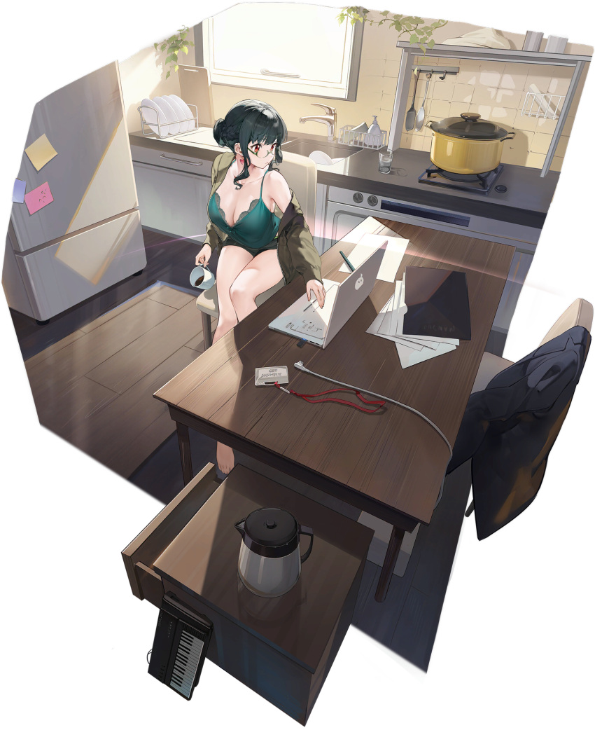 1girl anosillus_ii anosillus_ii_(private_time) azur_lane bare_legs bare_shoulders barefoot black_hair blush braid braided_bun breasts brown_jacket camisole chair cleavage closed_mouth coat coffee coffee_cup coffee_mug collarbone computer cooking_pot cup desk disposable_cup earrings faucet feet from_above glasses green_camisole gridman_universe hair_bun highres holding holding_cup huge_breasts indoors jacket jewelry keyboard_(computer) kitchen kurumi_(recycllamo) laptop legs long_sleeves looking_to_the_side mug off_shoulder official_alternate_costume official_art open_clothes open_jacket paper pen red_eyes shelf shirt short_shorts shorts single_hair_bun sitting solo spaghetti_strap spatula ssss.dynazenon stove sunlight table thighs tile_floor tiles toes translation_request underwear window wooden_floor